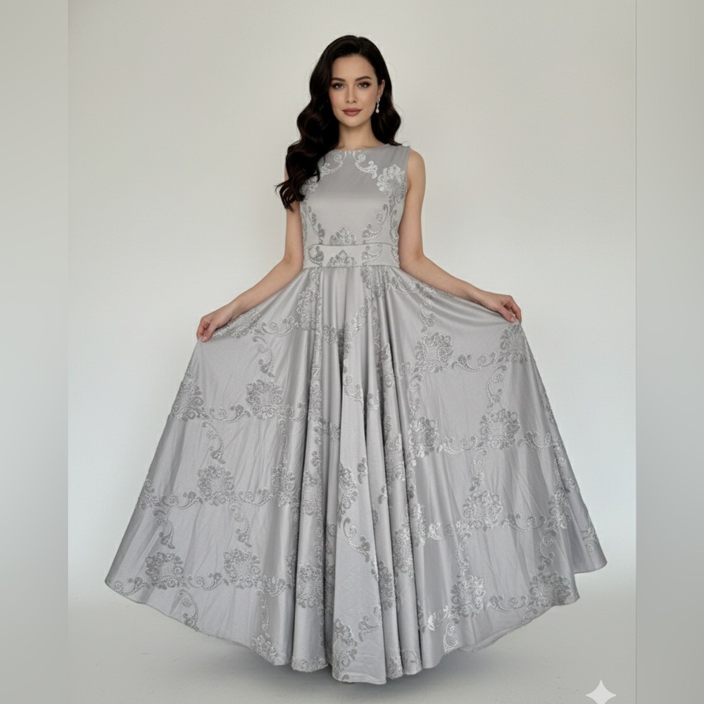 Elegant heavy fabric Gray Floral Women Dress
